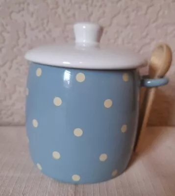 Marks & Spencer Covered China Jam Pot Jar & Wooden Spoon Blue Polka Dot • £10