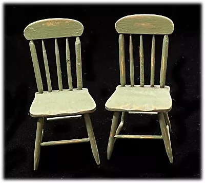 Vtg RARE Dukeman 2 Miniature Dollhouse Windsor Chairs Colonial Green Paint Worn • $68