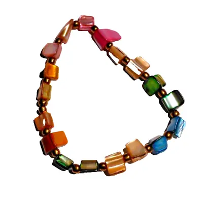 Multi Color Abalone Mother Of Pearl Shell Bead Stretch Bracelet Gold Tone Balls • $9.80