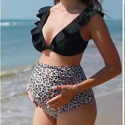 Summer Mae Small Maternity High Waisted Swimwear 2-Piece Top-Color Black/Leopard • $12