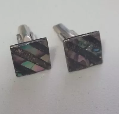 Vintage Mexico Sterling Silver Abalone Shell Inlay Square Cufflinks • $29.99