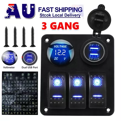 12V Switch Panel USB ON-OFF 3 GANG Blue LED Rocker Toggle For Car Boat Marine RV • $26.95