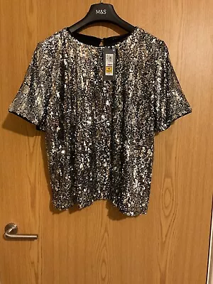 M&S Women Silver Sequin Top Short Sleeve UK 16 Regular.Marks And Spencer BNWT • £20