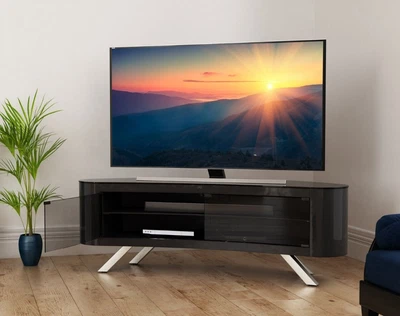 £250 • Buy AVF Bay Curved TV Stand Unit Cabinet In Modern Gloss Black Real Tempered Glass