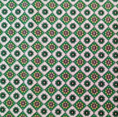 Vintage Green White Cotton Fabric Small Floral Diamond Pattern 1930's • $16.25