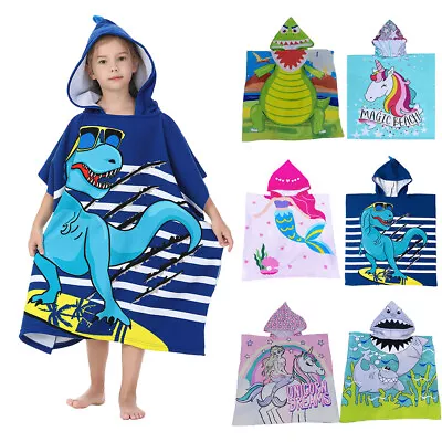 Kids Boys Girls Cartoon Printed Hooded Bath Robe Swimming Beach Towel Poncho . • £13.55