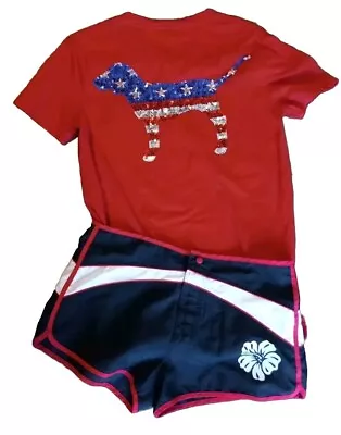 Victoria’s Secret PINK USA FLAG SEQUIN BLING DOG  TEE AND SHORTS OUTFIT S • $69.95