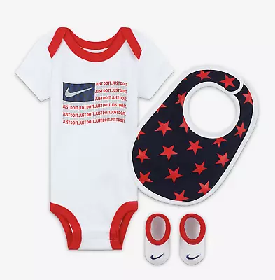 Nike Air Baby (6-12M) Bodysuit Hat Booties Box Set Jordan American Flag Stars • $16.95