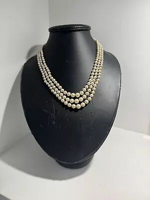 VINTAGE LOTUS Triple Strand  Cultured Pearl Necklace Silver Diamante Clasp • £4.99