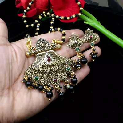 $33.01 • Buy Traditional Indian Mangalsutra Black Beads Necklace Earrings Set Gift For Wife