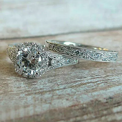 Vintage 2.50 Ct Round Cut CZ Engagement Wedding Bridal 925 Silver Ring Set • $112.18
