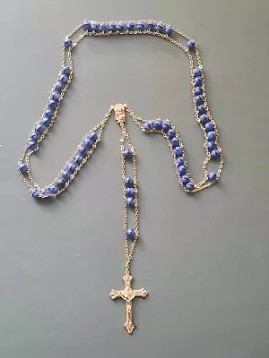Blue Glass + Metal Crucifix Gold Plated Rosary #92 • £9.95