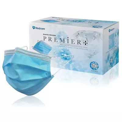 Medicom Premier Plus 3Ply Level 2 Earloop Face Mask Blue 50/Box • $9.88