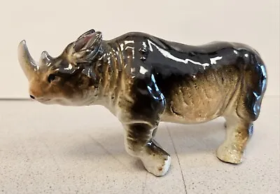 Vintage 1950s Japan Porcelain RHINO Figurine Black & Beige 4.5  By 2.5  Statue • $15