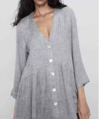 Zara Shirt Button-Up Tunic V-Neck Peplum Sleeves Linen Blend Women Medium • $16.95