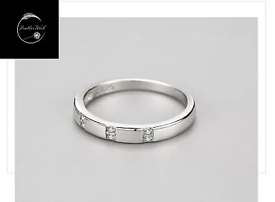Genuine Sterling Silver 925 Classic Simple Geometric Band Ring With Cubic Zircon • £14.99