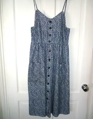 £3 • Buy Women's Dress 36in 12 Blue Spaghetti Straps Floral Pockets Button Front VGC