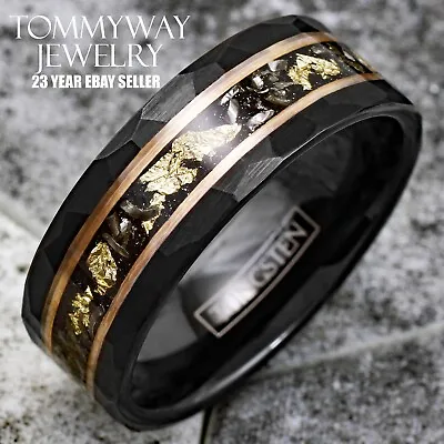 Tungsten Carbide Black Rose Gold Plated Stripe 24K Gold Foil & Meteorite Ring • $24.99