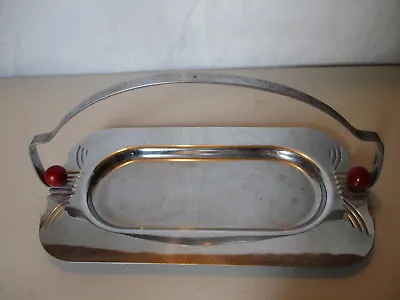 Vintage Art Deco Red Ball Bakelite Handled Chrome Tray Serving Dish Platter! • $24.99