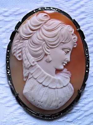 Estate Vintage 800 Silver Carnelian Shell Cameo Brooch-pendant With Marcasites. • $98.95