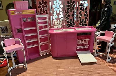 Vintage 90s Barbie Kitchen Set Sink Dishwasher Kitchenette Fridge Counter Chairs • $49