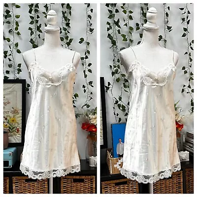 Vintage 80s Liquid Satin Nightgown Mini Slip Dress Coquette Frilly Lace M/L • $24.99