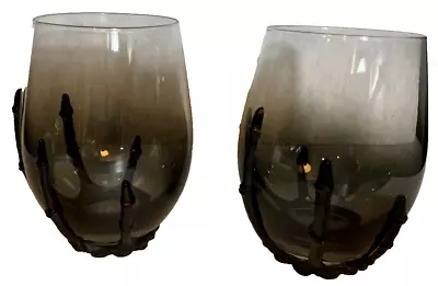 Celebrate Skeleton Black Hand Stemless Wine Glasses 18 Oz Set 2 Goblets Goth • $29