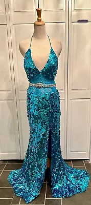 PARTY TIME SEQUIN DRESS PROM PAGEANT FORMAL GOWN Small Sz 4 TEAL STUNNING EUC • $24.95