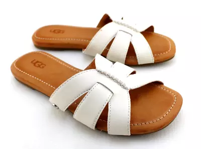 New UGG Teague Size 6 White Leather Women's Slide Sandals MSRP $89 • $59.99