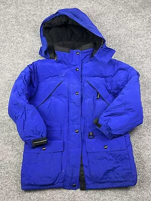 Vintage Pacific Trail Down Fill Jacket Men's Small Blue Full Zip Hooded Cinch • $12