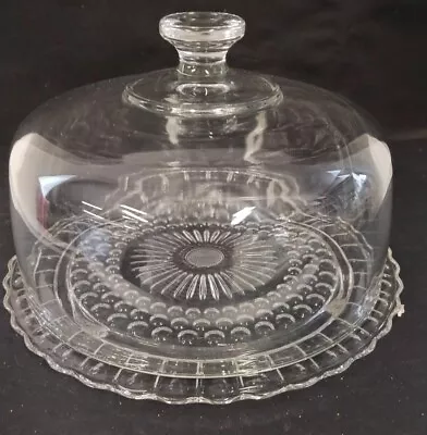 Vintage Federal Glass Clear Footed Cake Plate & Dome - Sunburst Dot & Panel • $24.35