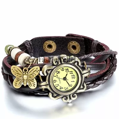 Women's Vintage Retro Leather Bracelet Butterfly Decoration Quartz Wrist Watch • $9.49