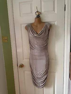 BEIGE RUCHED BODYCON DRESS - H&m - SIZE 10 - KNEE LENGTH - SHINEY & STRETCHY • £10
