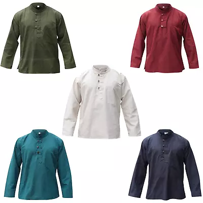 Mens Plain Hemp Collarless Grandad Shirt Full Sleeve Hippy Summer Light Tops • £18.99