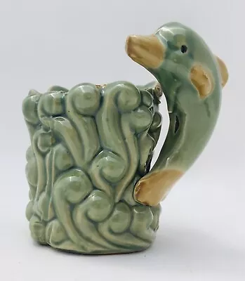 Vintage Green Pottery Planter Vase Lucky Bamboo Figural Dolphin Majolica Style • $8