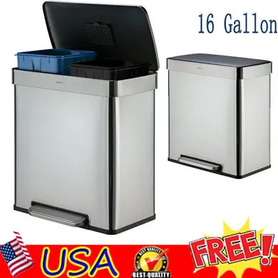 16 Gallon Stainless Steel Step On Trash Can Kitchen Garbage Dual Compartment Bin • $77.70