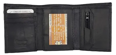 AG Wallets Mens Trifold Leather Wallet Credit Card Holder Zipper Pocket Black • $14.28