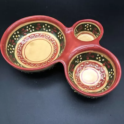 Olive Serving Dish Pottery Green Gold Red Hand Painted Mexico 3-Section Vintage • $24.99