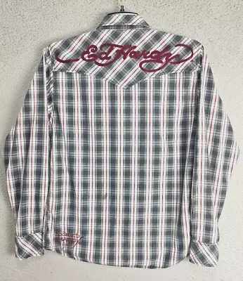 Ed Hardy Shirt Adult Medium Gray Red Plaid Western Pearl Snap Embroidered Mens • $23.67