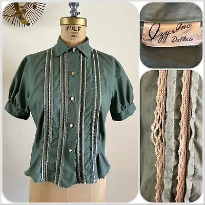 1950s Izy Dallas Pleat Front Crochet Cropped Blouse Top Shirt Western Work VTG • $60