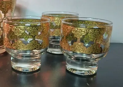 3 Vintage Culver Valencia 22K Cocktail Bar Glasses Gold Green Diamond Pattern • $26.99