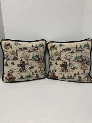 $19.99 • Buy Pair Of Vintage Christmas Holiday Scene Tapestry Pillows Santa Snowman Sleigh