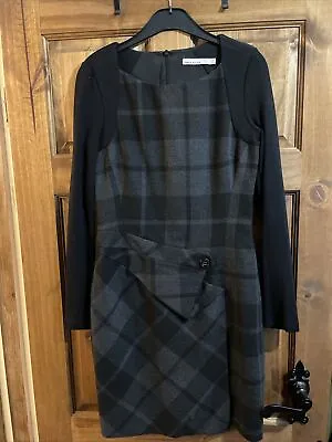 KAREN MILLEN Black Grey Check Tartan Wool Blend Wiggle Pencil Dress Work Office • £29.99