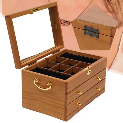 Large Capacity Wooden Jewelry Box  W/ Safe Lock 3 Layers Retro Storage Organizer • $39