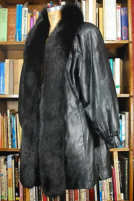 Vintage 80s Black Leather With Real Fox Fur Trim Collar Jacket Coat XS • $68