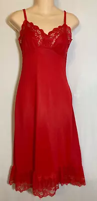 Red Full Slip Dress Vintage Kayser Silky Nylon 34 Ruffle 4  Nightgown • $24.99