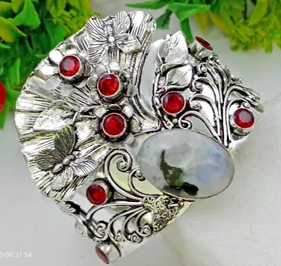 Moonstone  &garnet Gemstone 925 Sterling Silver Jewelry Cuff Bracelet • $25.50