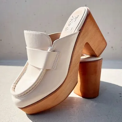 NEW Penny Loafer Wooden Platform Heel Clog Mules Shoes Chunky Off White Bone • $71.99