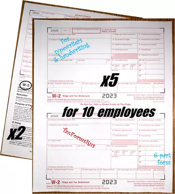 2023 IRS Tax Forms W-2 Wage Stmts NON-Carbonless 10 Employees + (2)W-3 NO Env • $13.95