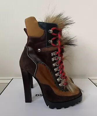 Dsquared2 Brown Leather Fur High Heel Hiker Red Lace Up Ankle Boots 38 EU 8 US • $589